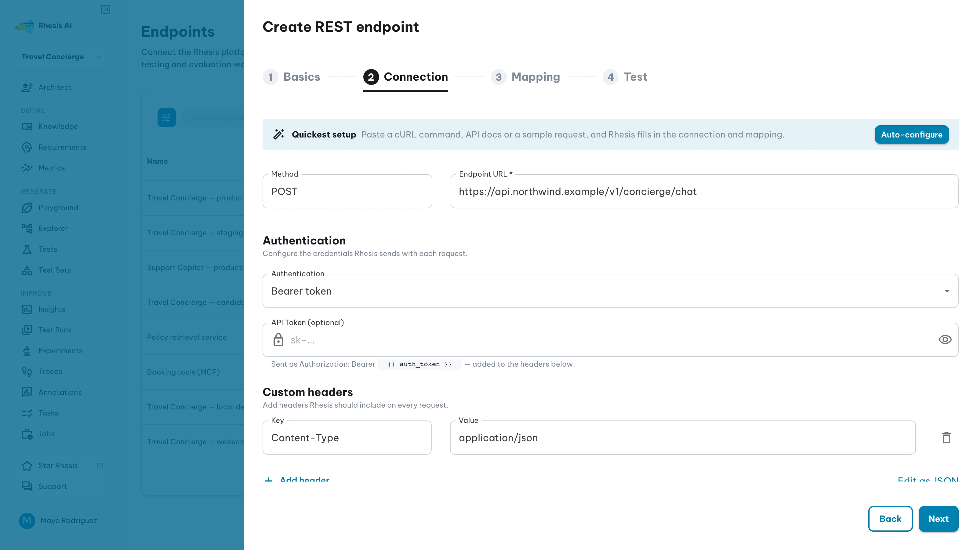 Connection step: method, endpoint URL, authentication and custom headers