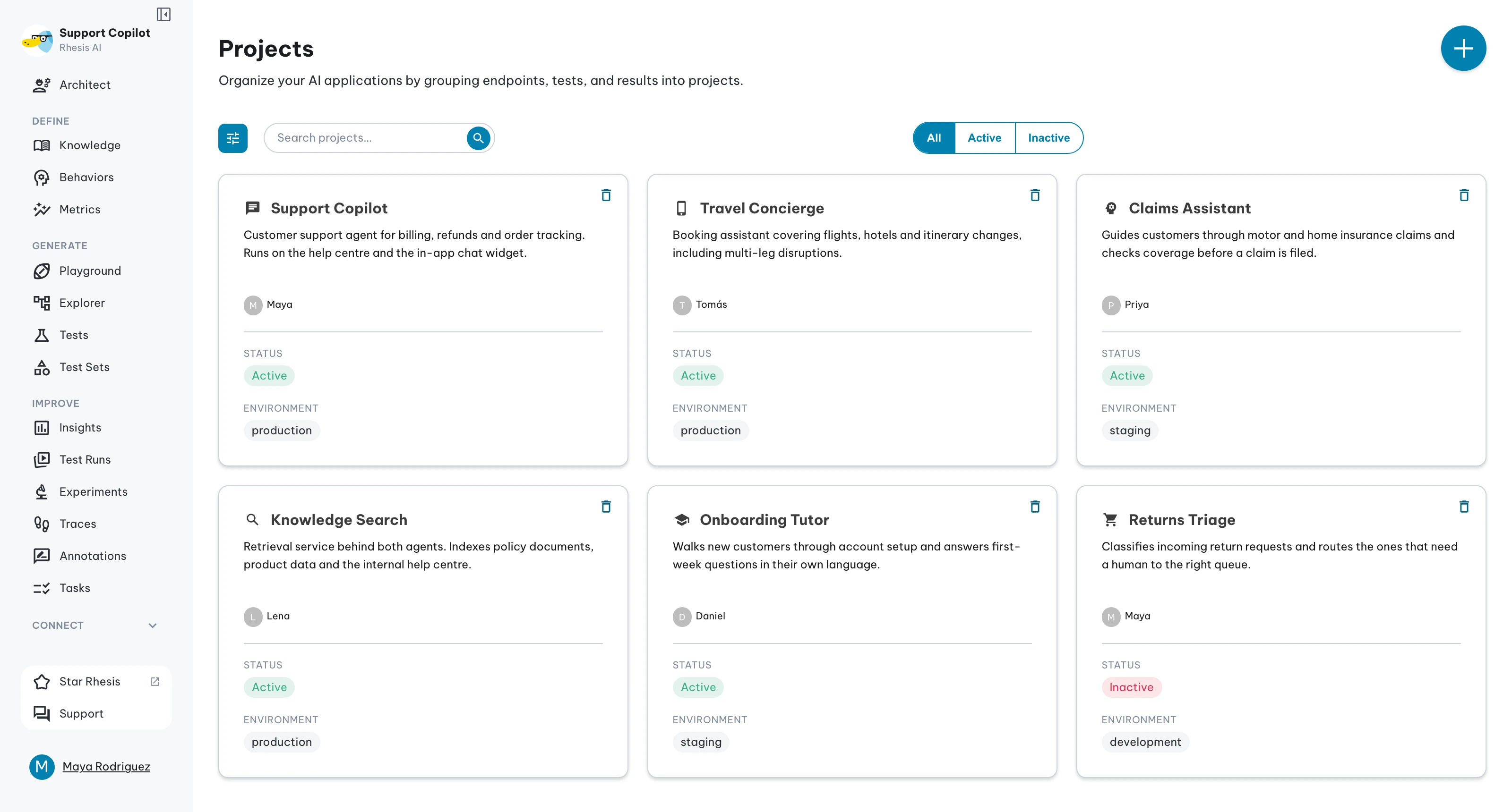 Projects page — one card per application, with its owner, status, and environment